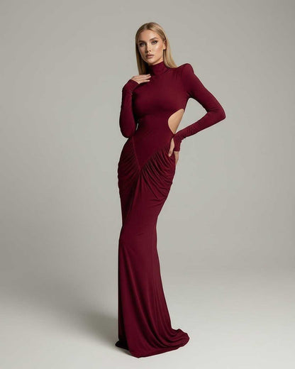 Verona Maxi Dress by Lauven, red long sleeve, high neck, ruched design, elegant evening wear.