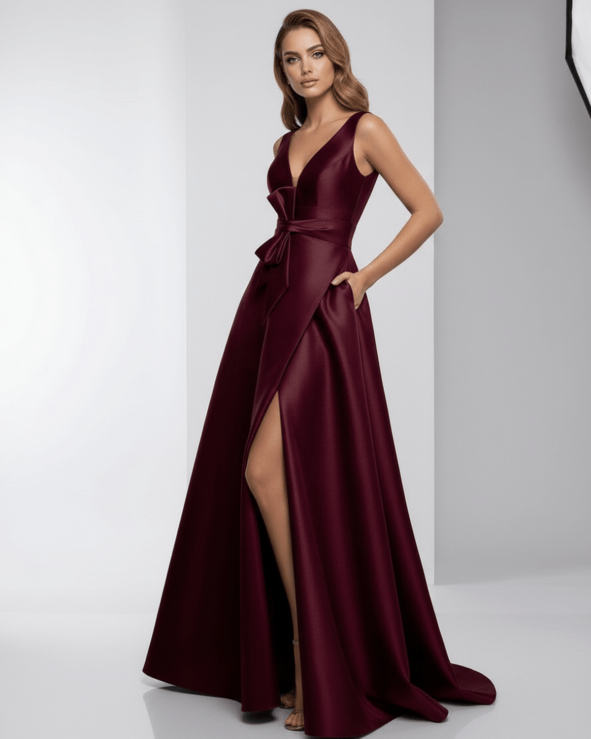 Verona Maxi Dress - Burgundy satin A-Line V-Neck evening gown by Lauven, showcasing elegance and a refined silhouette.