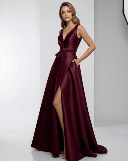 Verona Maxi Dress - Burgundy satin A-Line V-Neck evening gown by Lauven, showcasing elegance and a refined silhouette.