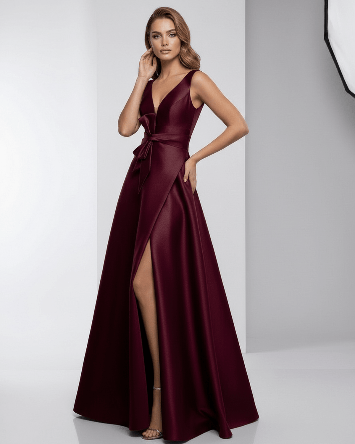 Verona Maxi Dress - Burgundy satin A-Line V-Neck maxi dress by Lauven, elegant floor-length evening wear.