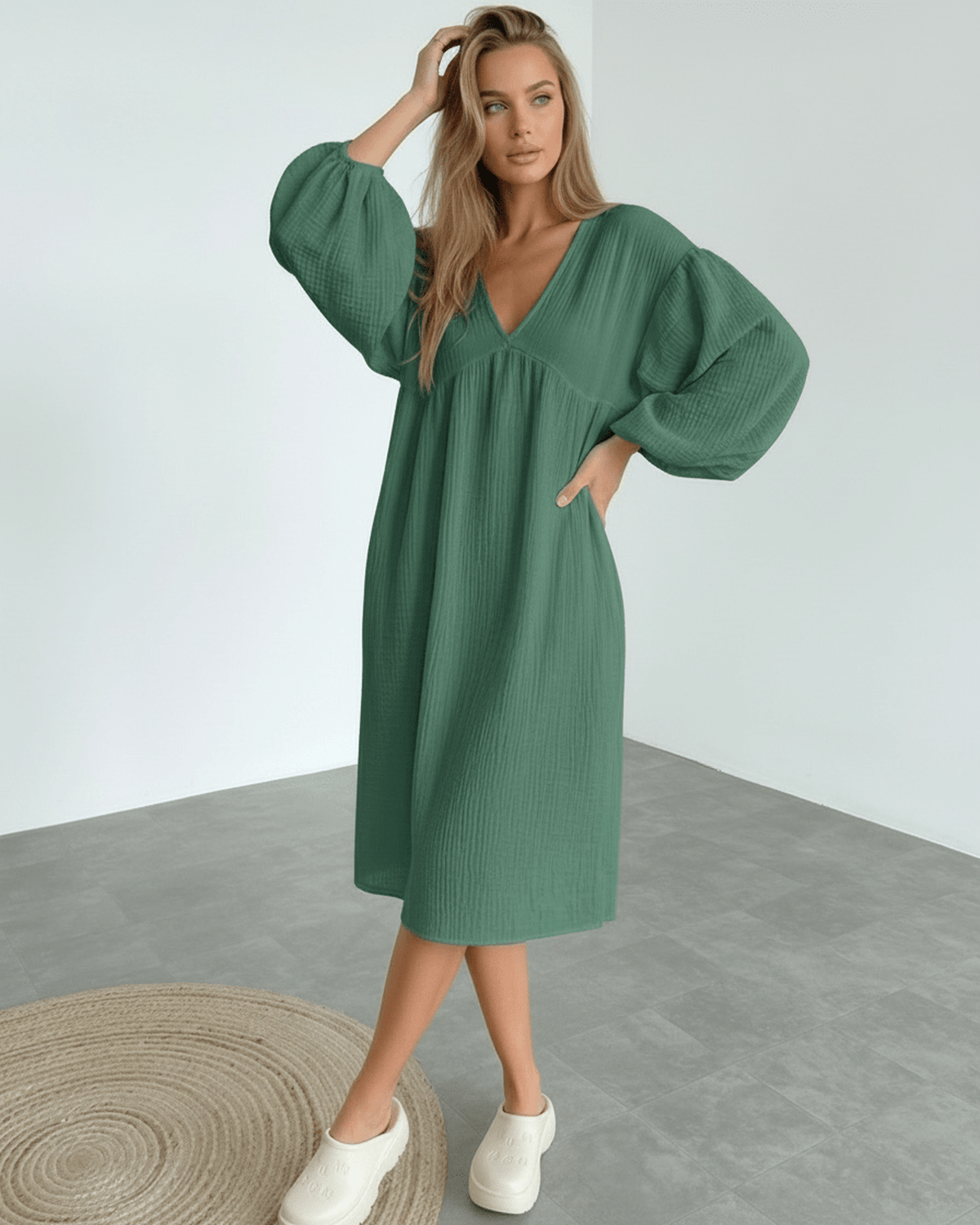 Verona Midi Dress - Green Cotton Midi Dress with Puff Sleeves by Lauven, perfect for elegant everyday wear.