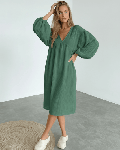 Verona Midi Dress - Green Cotton Midi Dress with Puff Sleeves by Lauven, perfect for elegant everyday wear.