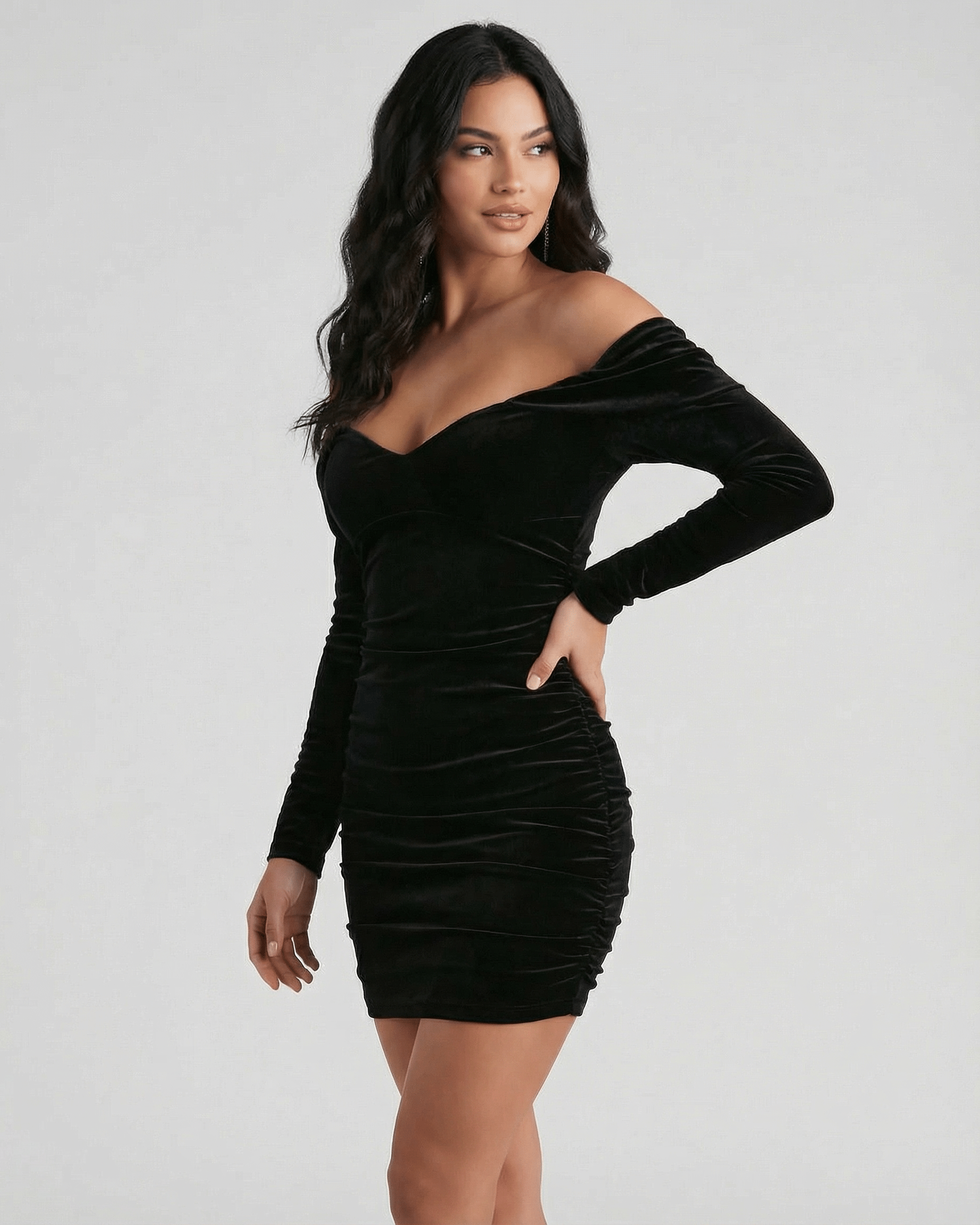 Lauven Verona Mini Dress - Black Velvet Off Shoulder Mini Dress with Long Sleeves showcasing elegant silhouette.