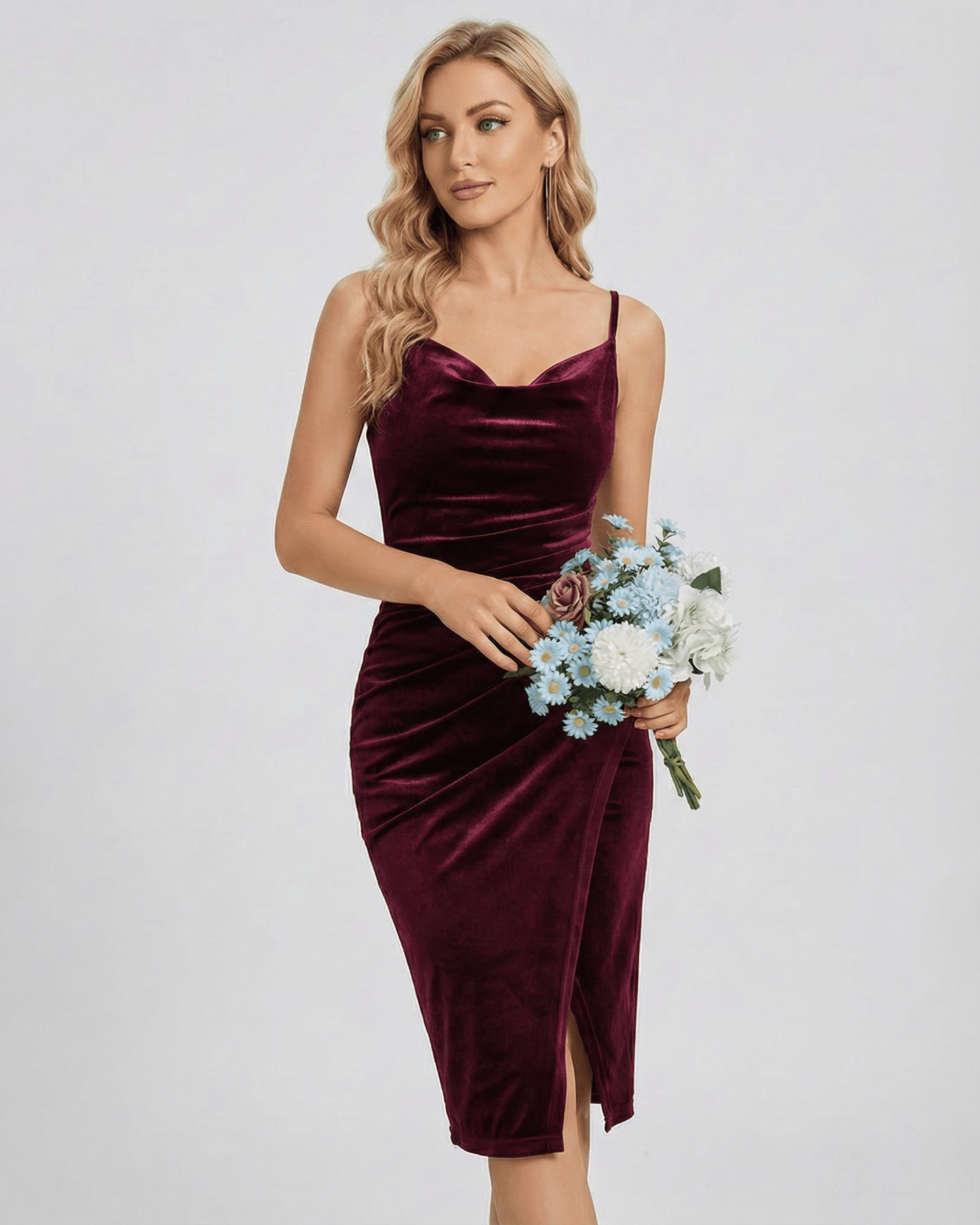 Verona Mini Dress – Elegant burgundy velvet cowl neck sheath with slit by Lauven, perfect for evening events.