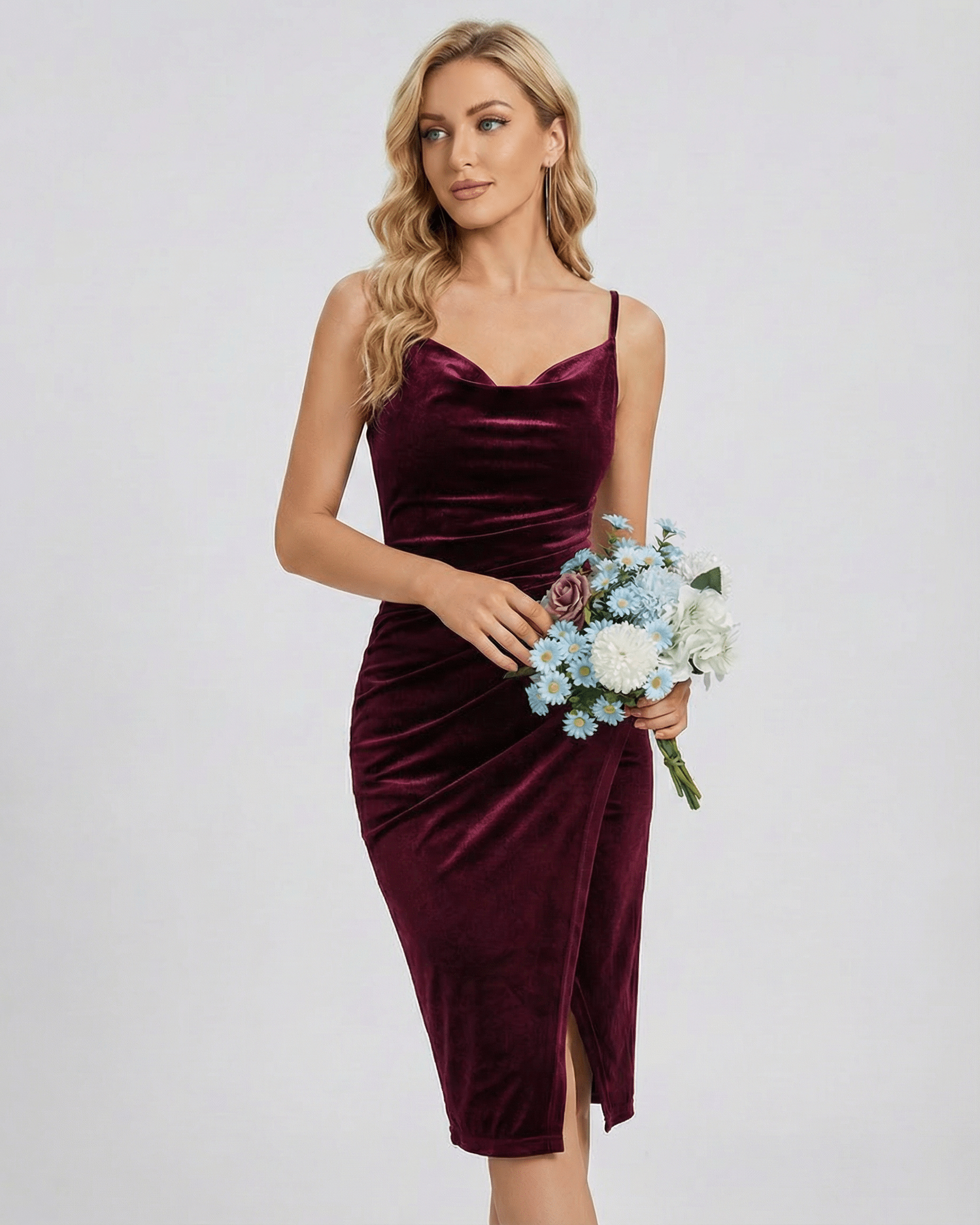 Verona Mini Dress – Elegant burgundy velvet cowl neck sheath with slit by Lauven, perfect for evening events.