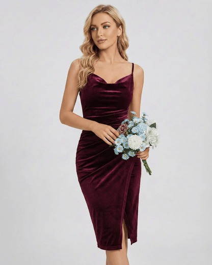 Verona Mini Dress – Elegant burgundy velvet cowl neck sheath with slit by Lauven, perfect for evening events.