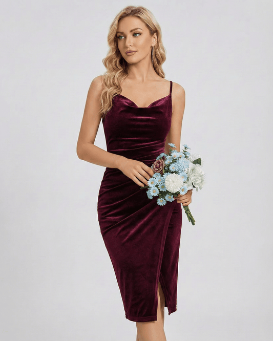 Verona Mini Dress – Elegant burgundy velvet cowl neck sheath with slit by Lauven, perfect for evening events.