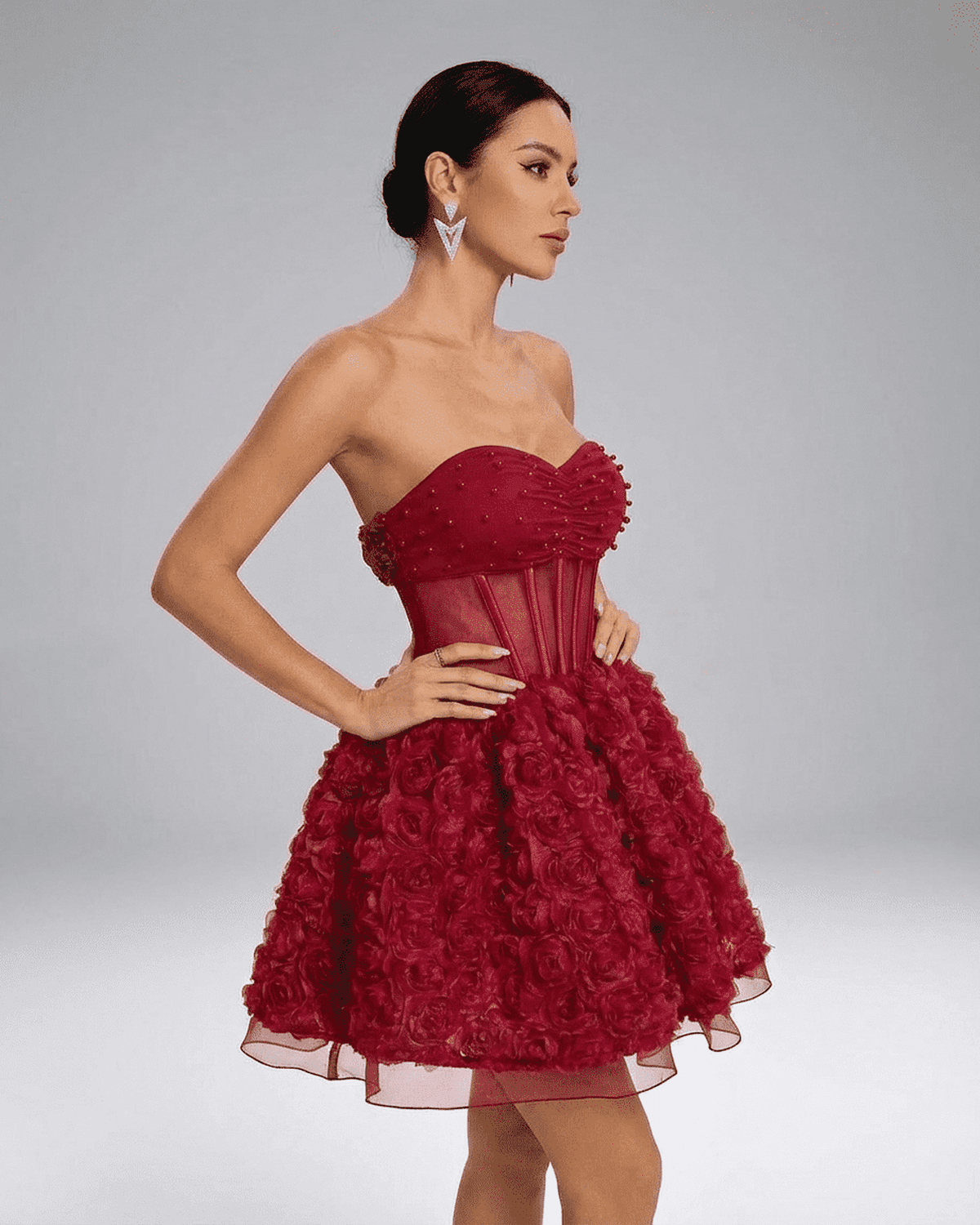 Verona Mini Dress by Lauven, beaded strapless puff mini with 3D floral texture and structured bodice.