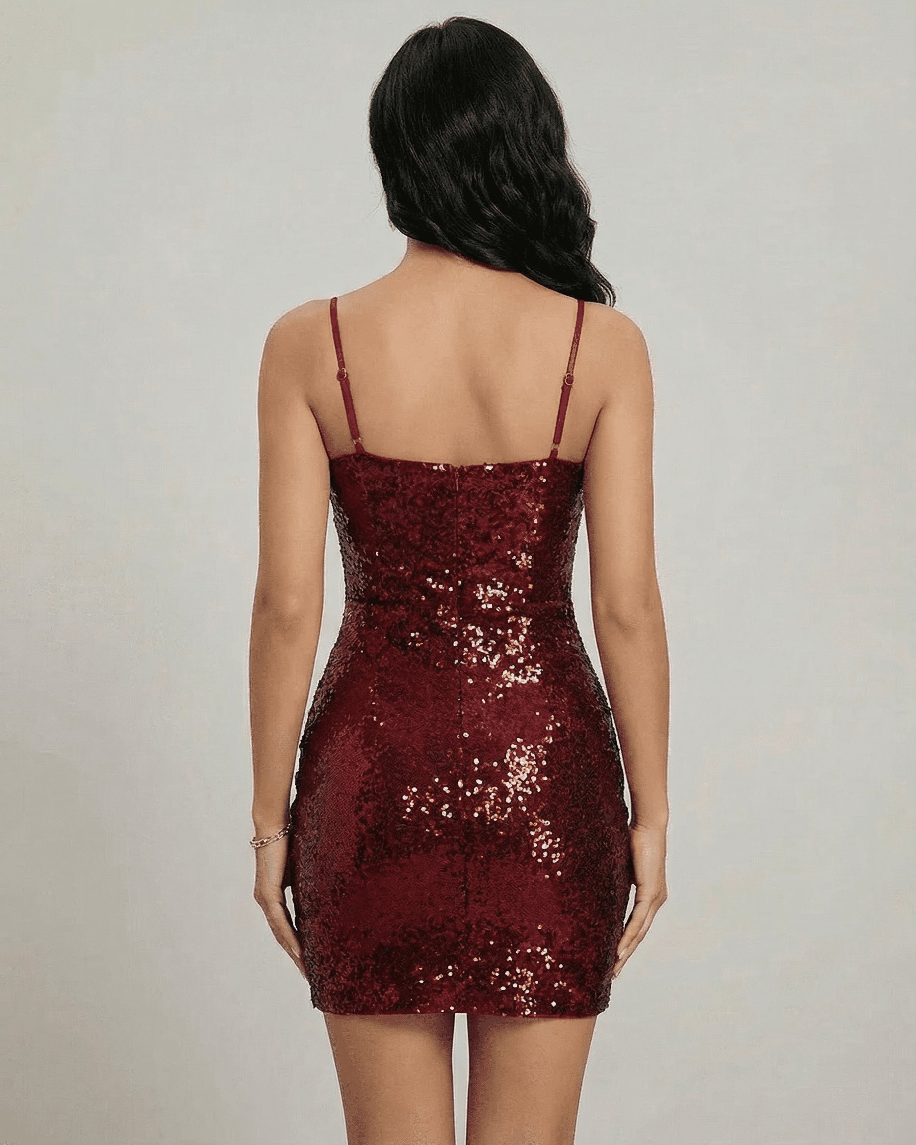 Back view of Verona Mini Dress by Lauven featuring a sequined design and adjustable straps.