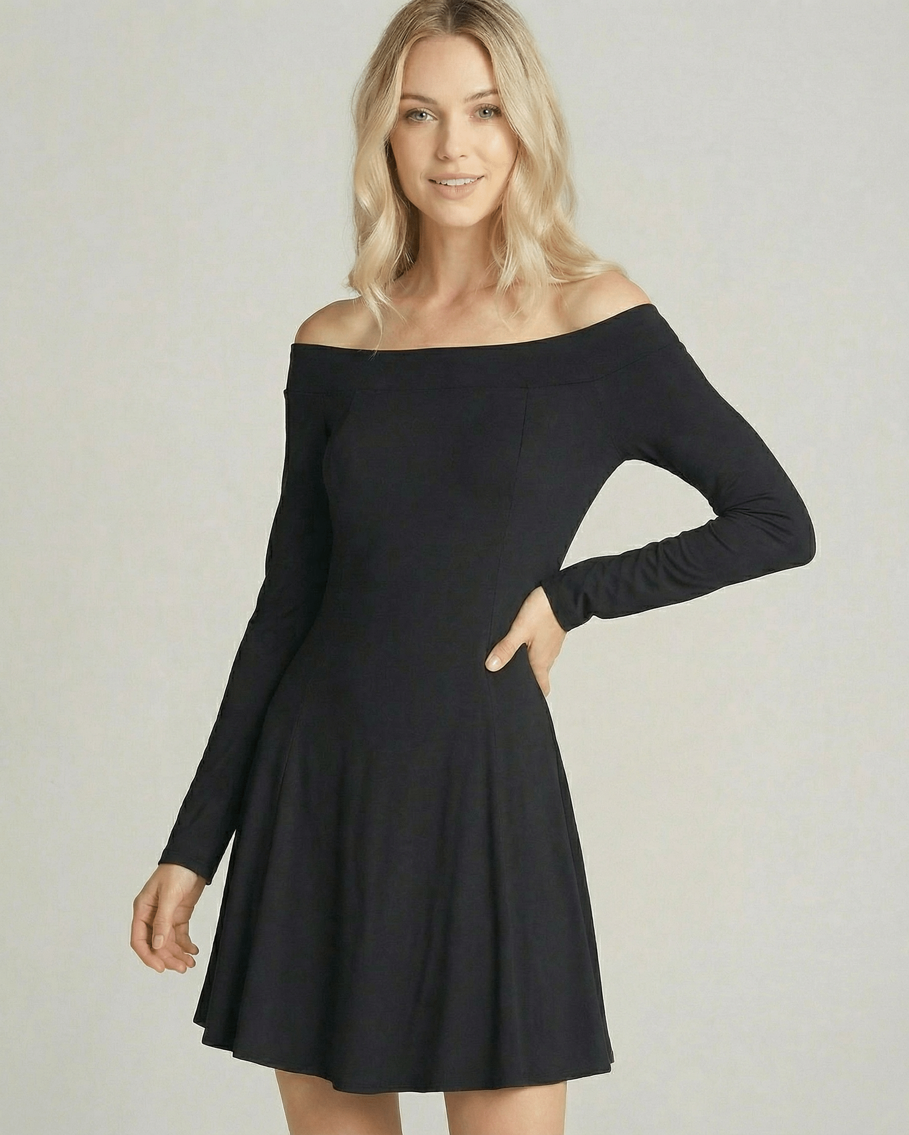 Verona Mini Dress by Lauven, off-shoulder long sleeve black A-line silhouette for an elegant look.