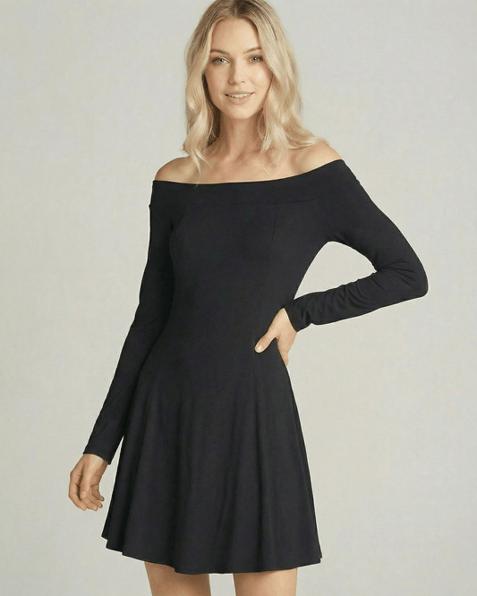 Verona Mini Dress by Lauven, off-shoulder long sleeve black A-line silhouette for an elegant look.