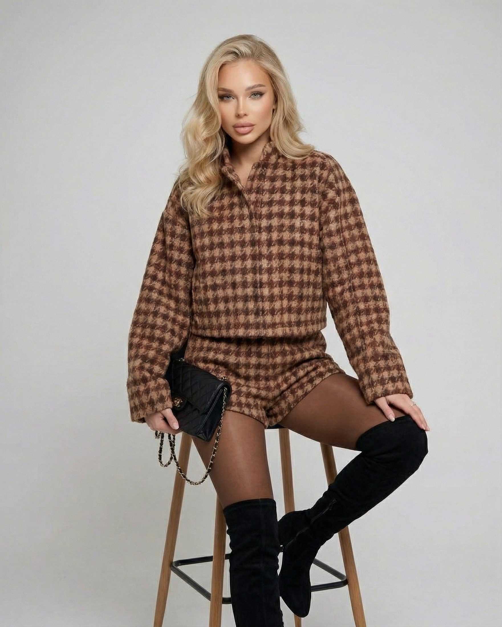Verona Set by Lauven – Chic two-piece with tailored shorts and long-sleeve top in stylish brown plaid.