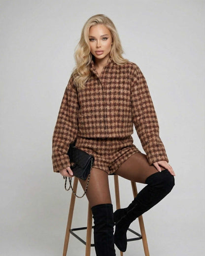 Verona Set by Lauven – Chic two-piece with tailored shorts and long-sleeve top in stylish brown plaid.