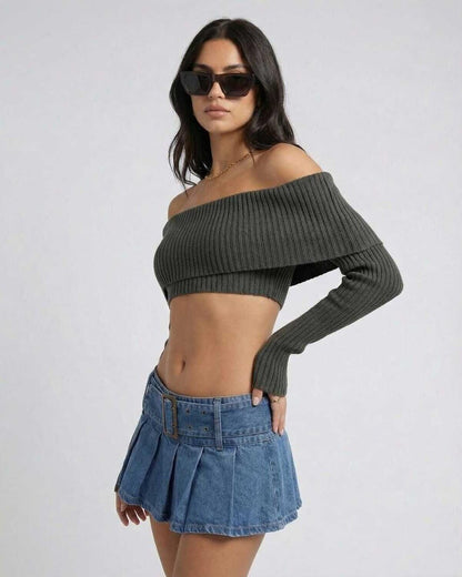 Verona Top by Lauven, women's off shoulder long sleeve crop top in ribbed texture, styled for autumn winter.
