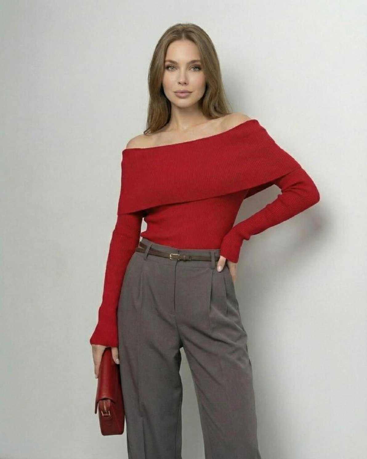 Verona Top by Lauven - Women's Off-The-Shoulder Slim Fit Top in Solid Red, showcasing effortless sophistication.