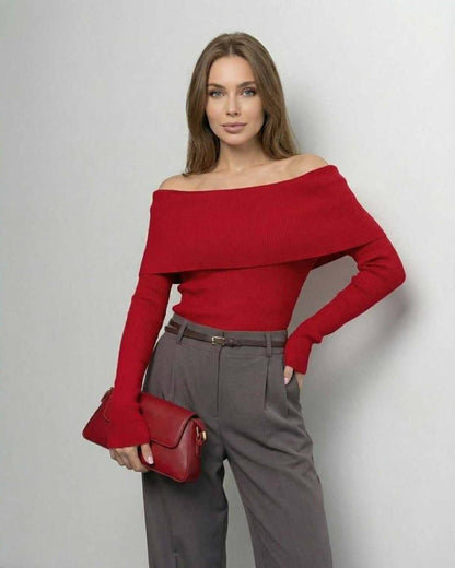 Verona Top by Lauven – Women’s Off-The-Shoulder Long Sleeve Slim Fit Top in Solid Red