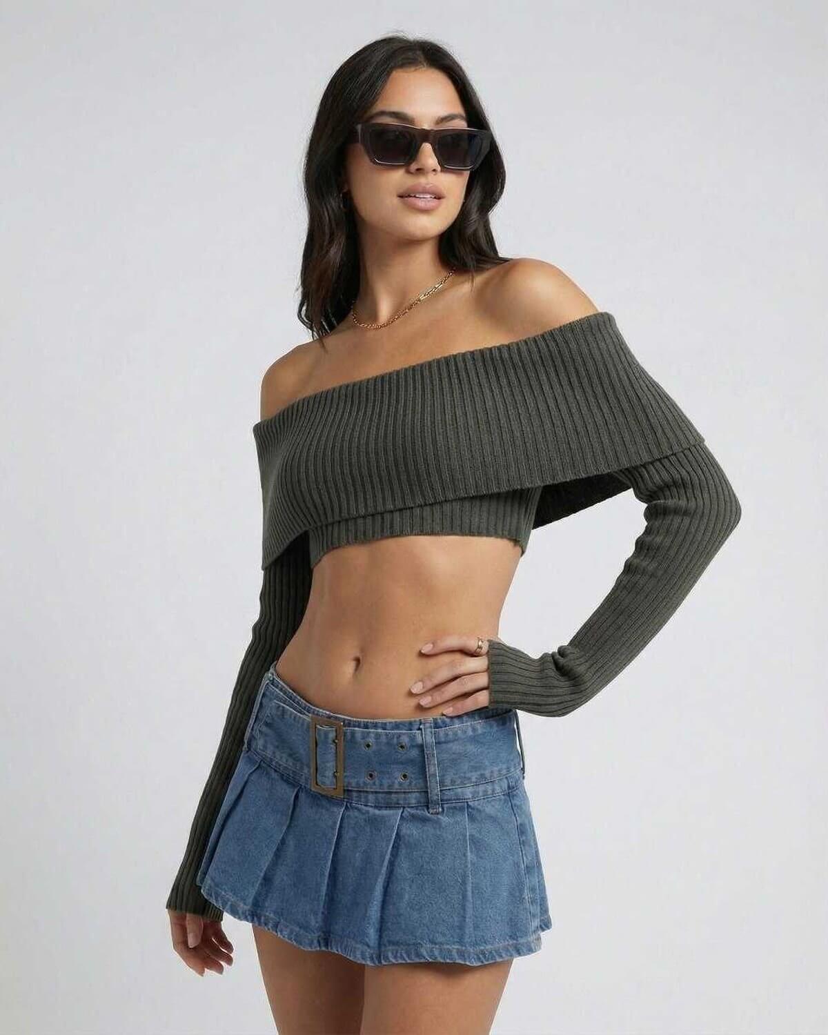 Verona Top by Lauven: Women’s off shoulder long sleeve crop top styled with a denim skirt, perfect for autumn winter.