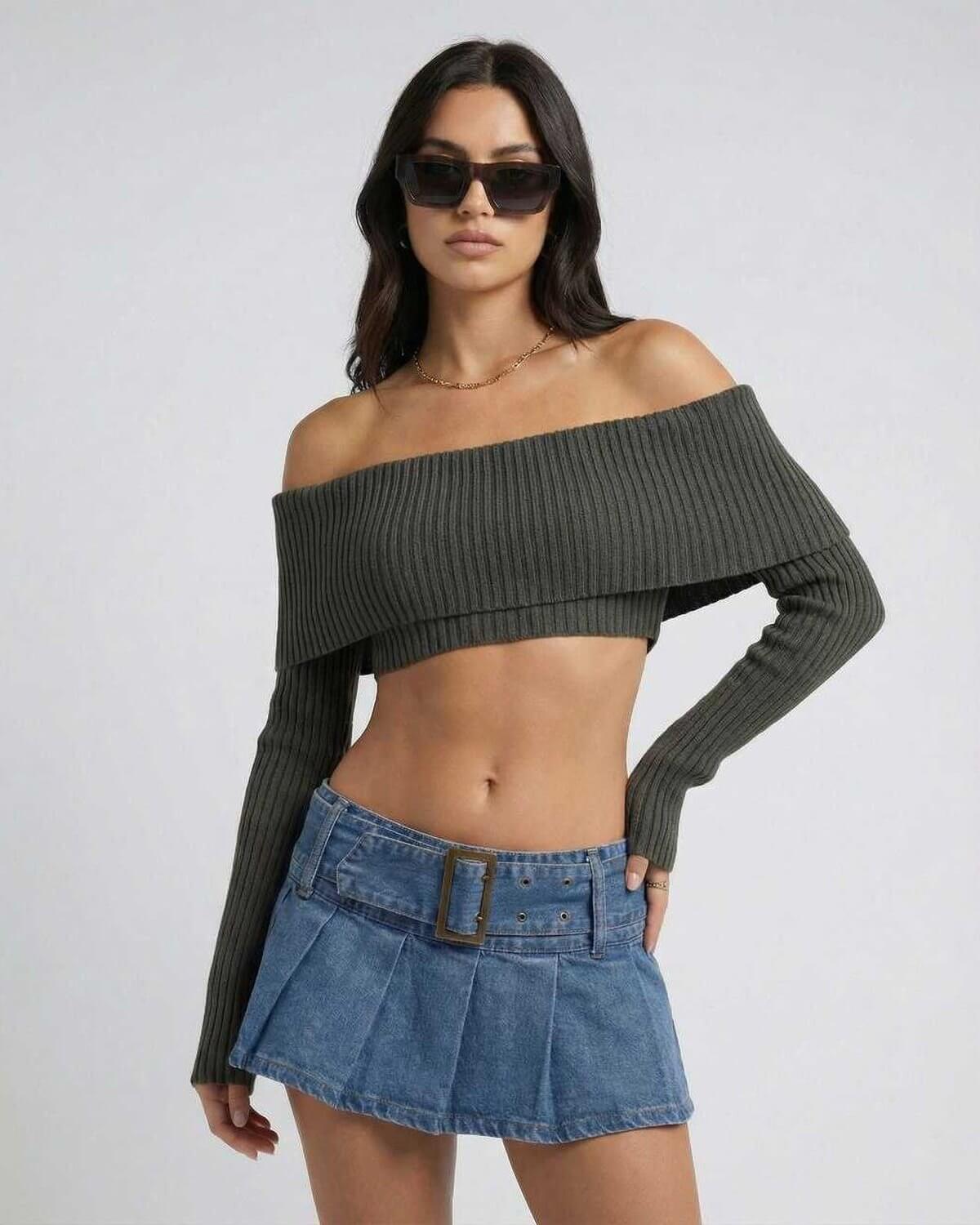 Verona Top by Lauven, off shoulder long sleeve crop top in olive green, paired with denim skirt, autumn winter fashion.