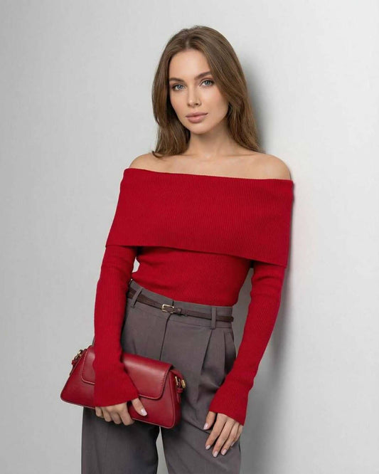 Lauven Verona Top - Women’s Off-The-Shoulder Long Sleeve Slim Fit Top in Solid Red