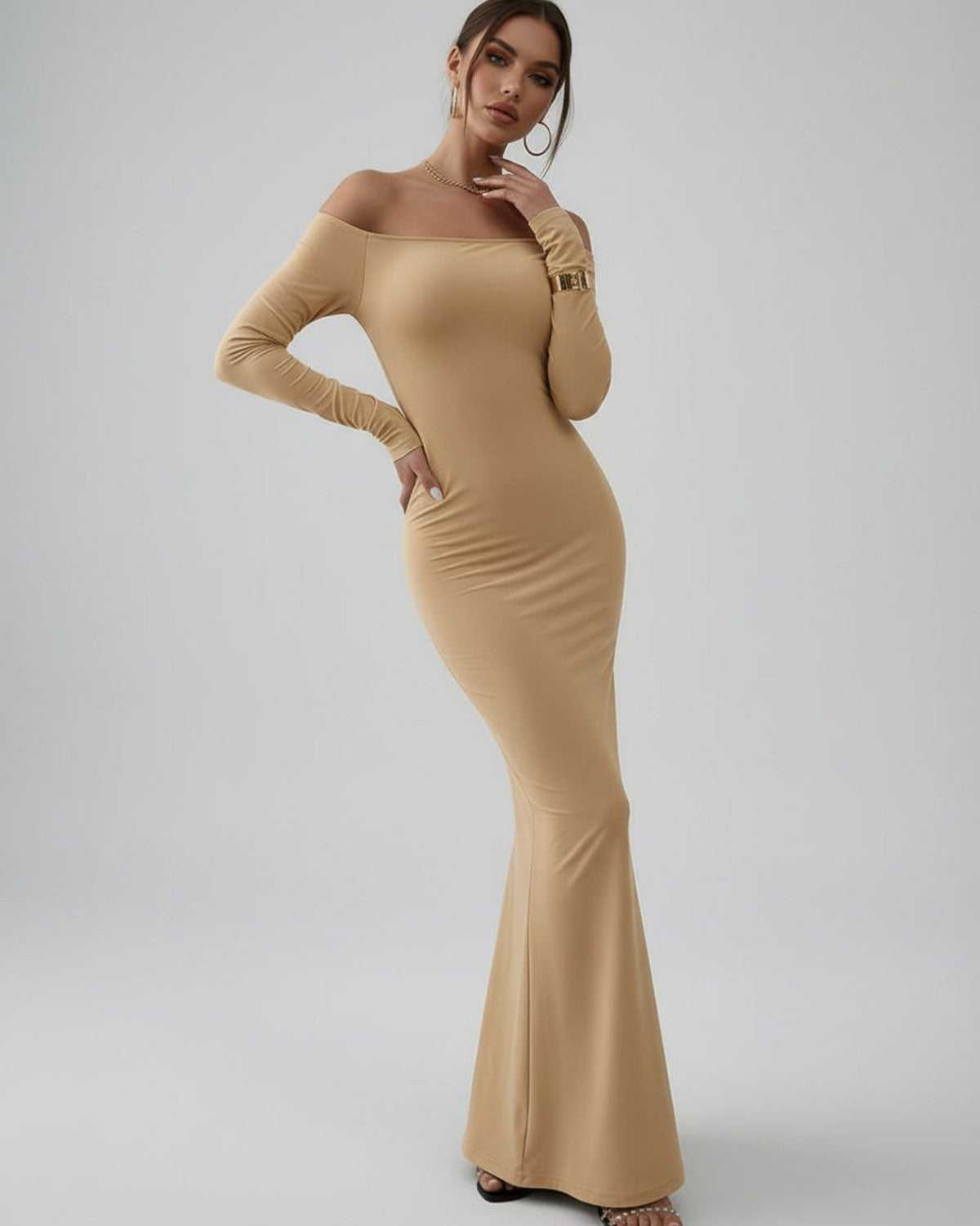 Vesper Maxi Dress by Lauven, elegant off-shoulder silhouette in neutral beige with smooth stretch fabric.