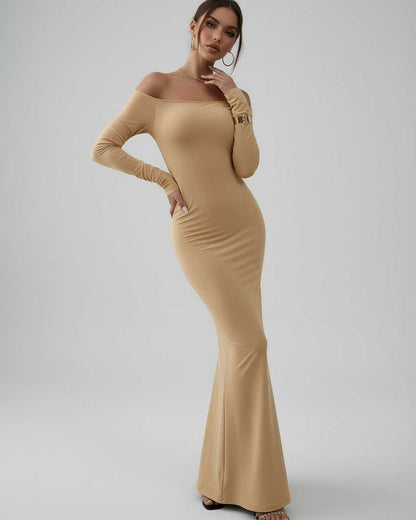 Vesper Maxi Dress by Lauven, elegant off-shoulder silhouette in neutral beige with smooth stretch fabric.