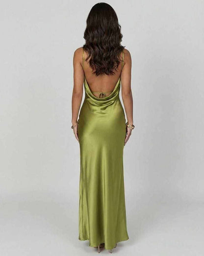 Vesper Maxi Dress by Lauven, back view showcasing the elegant satin finish and asymmetrical design in olive green.
