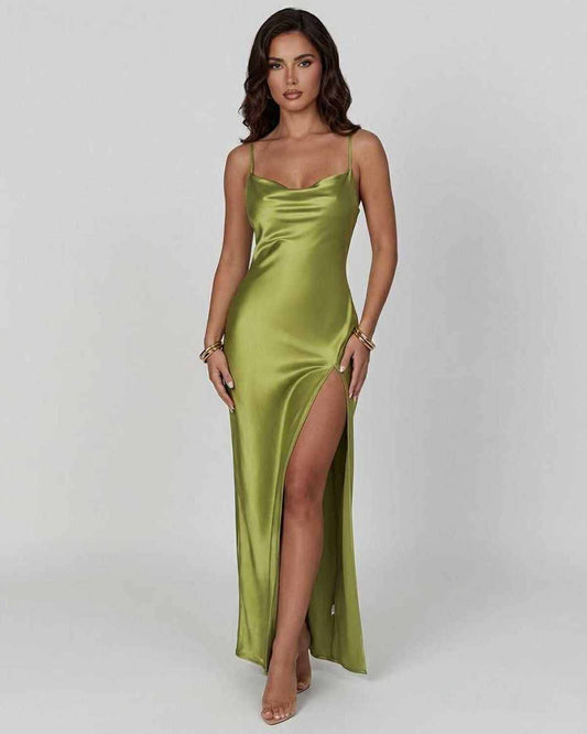 Vesper Maxi Dress by Lauven in olive green satin with asymmetrical silhouette and thigh-high slit.
