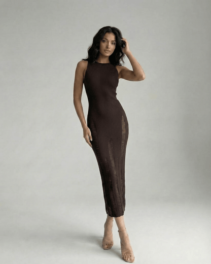Vesper Midi Dress - Dark brown bodycon dress, sleeveless silhouette, sculpted fit by Lauven, perfect for an elegant look.
