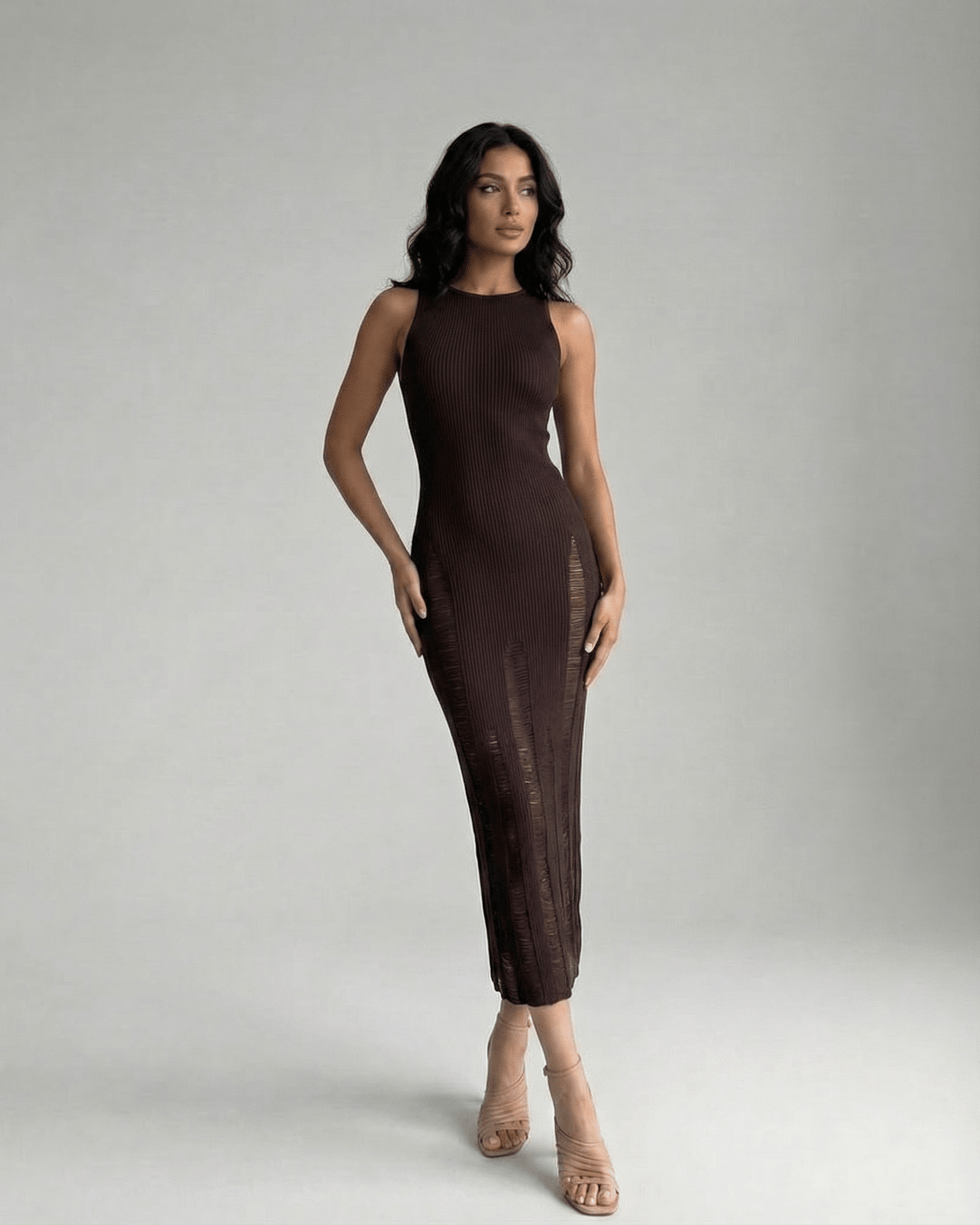 Vesper Midi Dress by Lauven, dark brown bodycon, sleeveless silhouette enhancing natural curves.