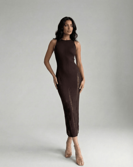 Vesper Midi Dress by Lauven, dark brown bodycon, sleeveless silhouette enhancing natural curves.