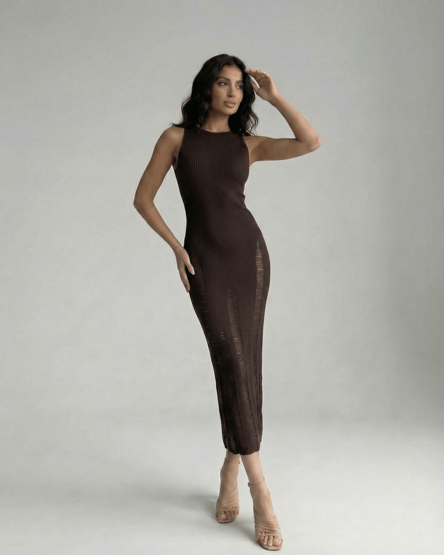 Vesper Midi Dress: Dark brown bodycon silhouette, sleeveless, elegant fit by Lauven, perfect for modern minimalism.