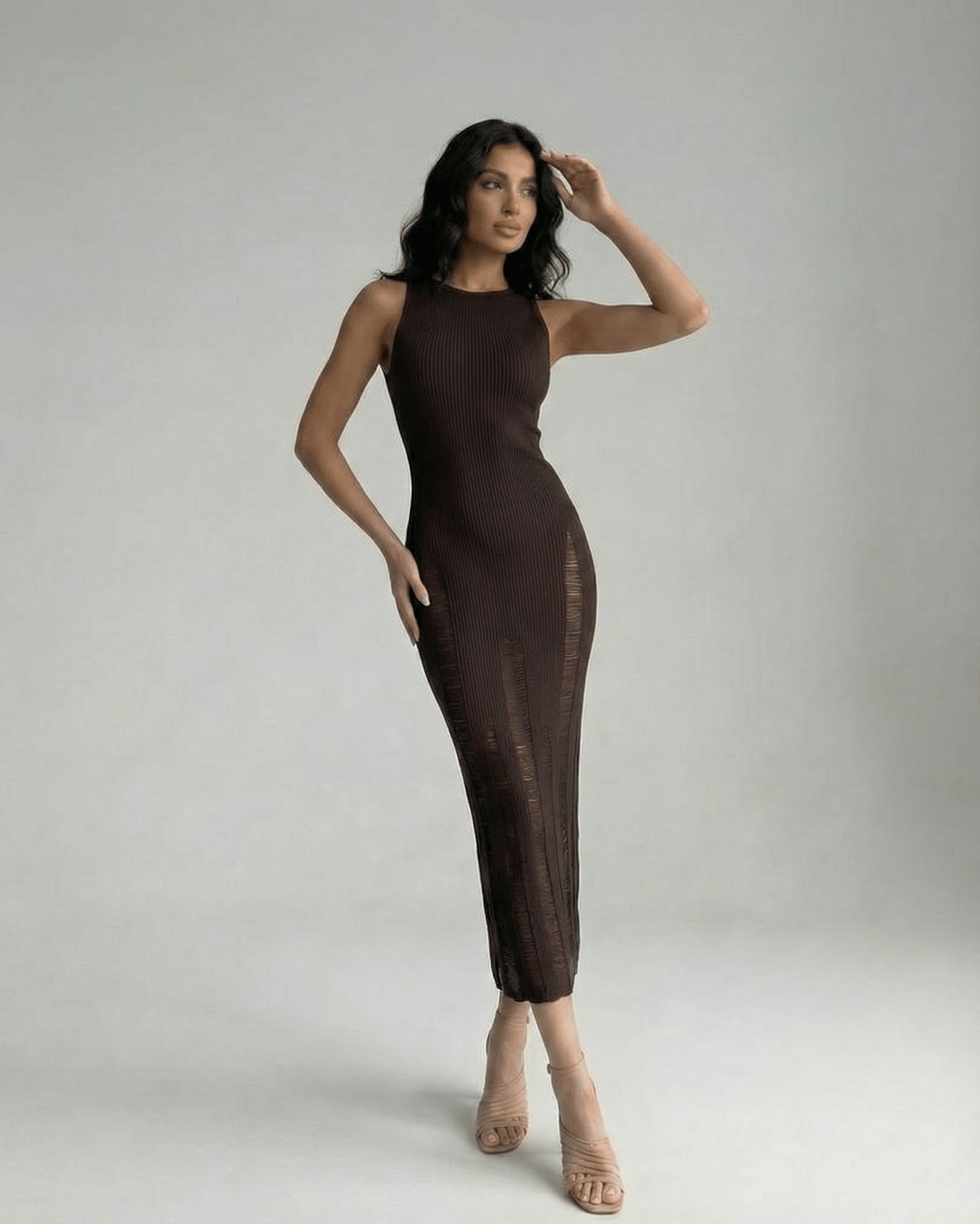 Vesper Midi Dress: Dark brown bodycon silhouette, sleeveless, elegant fit by Lauven, perfect for modern minimalism.