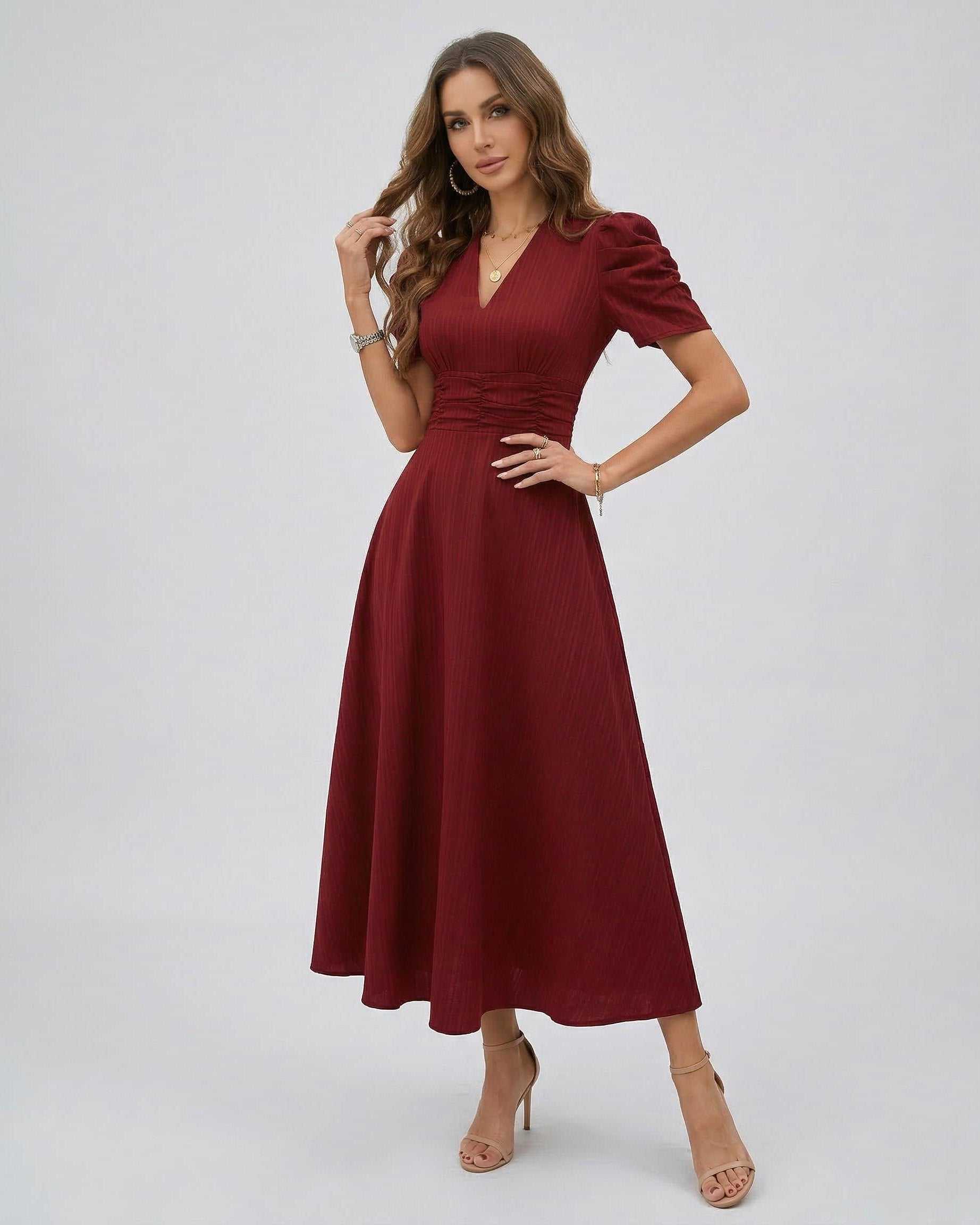 Vesper Midi Dress red dress with sleeves, flattering shape and fluid movement, perfect for weddings by Lauven.