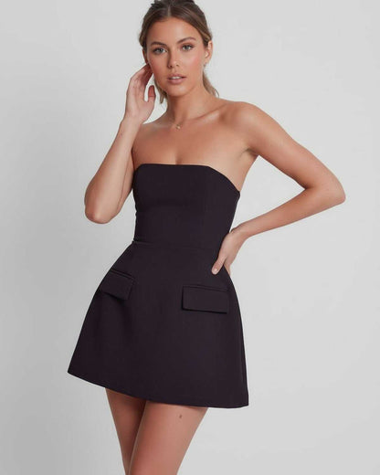 Vesper Mini Dress | Strapless A-line silhouette in midnight navy with structured bodice, offering elegance and modern style from Lauven.