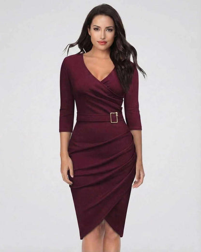 Vespera Midi Dress by Lauven in elegant burgundy with belted waist, featuring a flattering V-neckline and 3/4 sleeves.