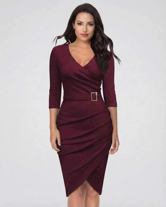 Vespera Midi Dress by Lauven in elegant burgundy with belted waist, featuring a flattering V-neckline and 3/4 sleeves.