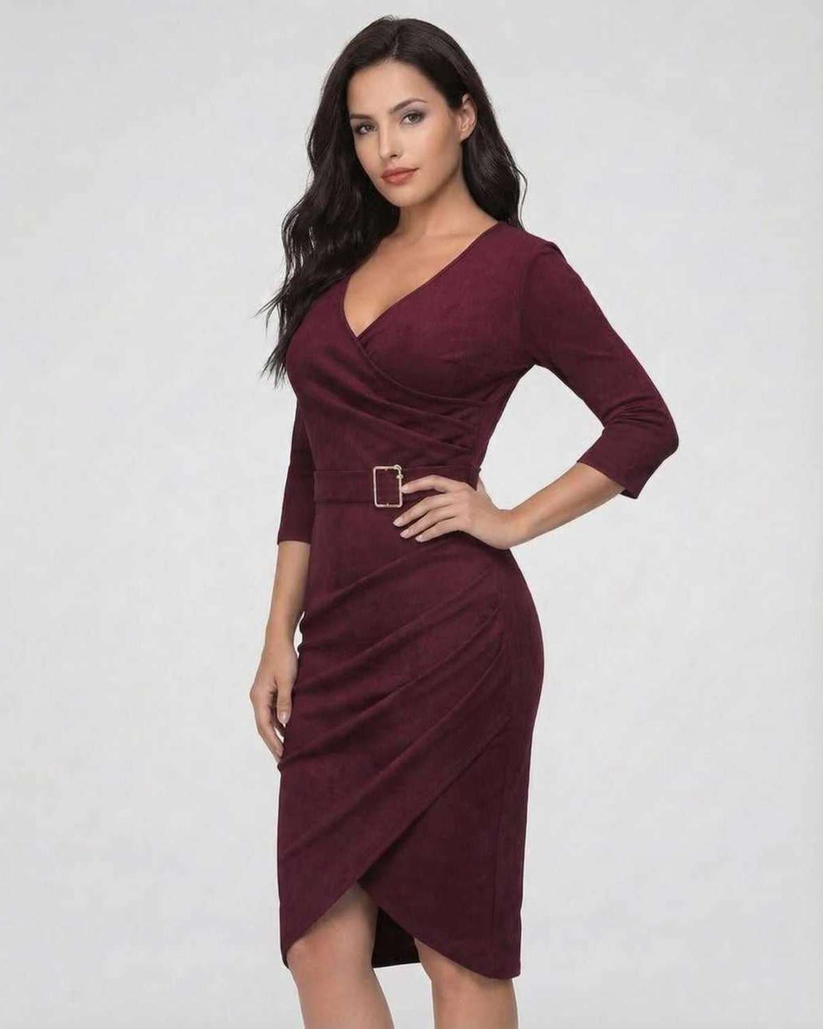 Vespera Midi Dress by Lauven in elegant burgundy with belted waist, showcasing a flattering V-neckline and 3/4 sleeves.