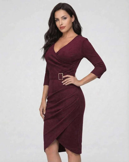 Vespera Midi Dress by Lauven in elegant burgundy with belted waist, showcasing a flattering V-neckline and 3/4 sleeves.