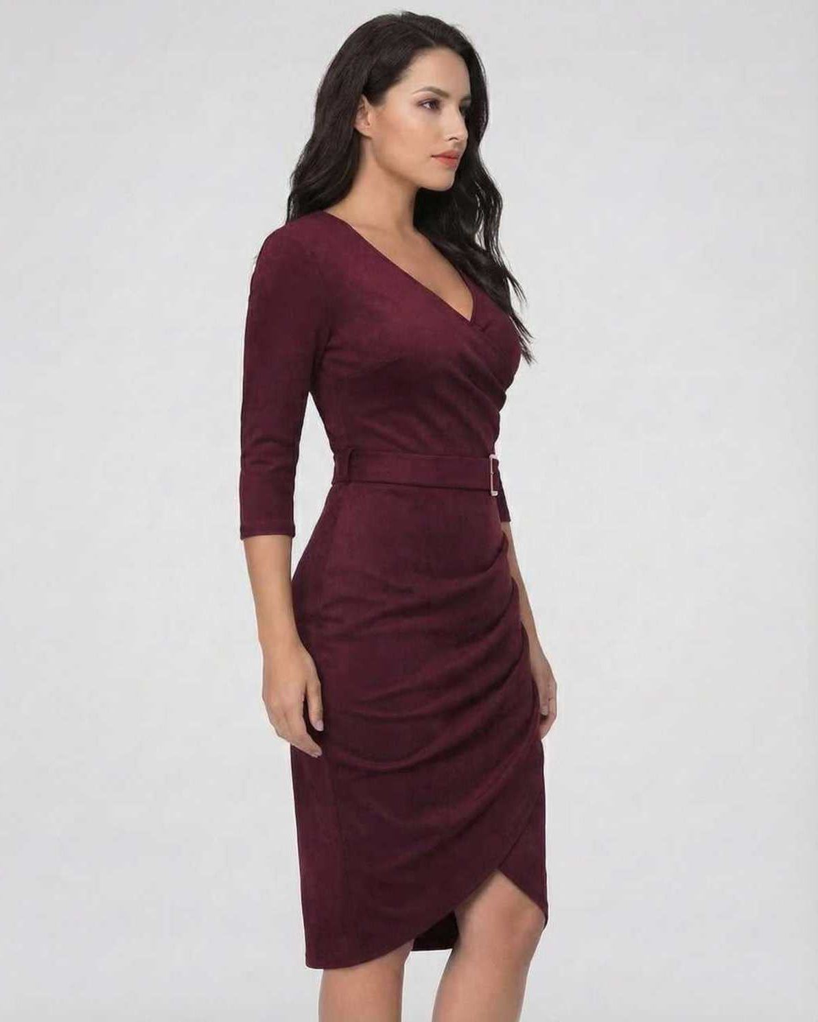 Vespera Midi Dress by Lauven in elegant burgundy with belted waist and flattering V-neckline, perfect for formal occasions.