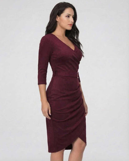 Vespera Midi Dress by Lauven in elegant burgundy with belted waist and flattering V-neckline, perfect for formal occasions.