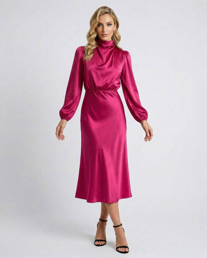 Lauven Vienna Midi Dress in vibrant pink satin, featuring a high neck and elegant silhouette for polished day or evening looks.