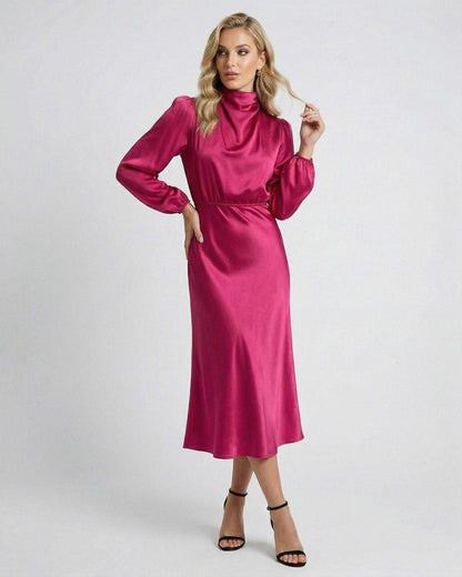 Lauven Vienna Midi Dress in satin high neck style, featuring flattering silhouette and elegant pink color.