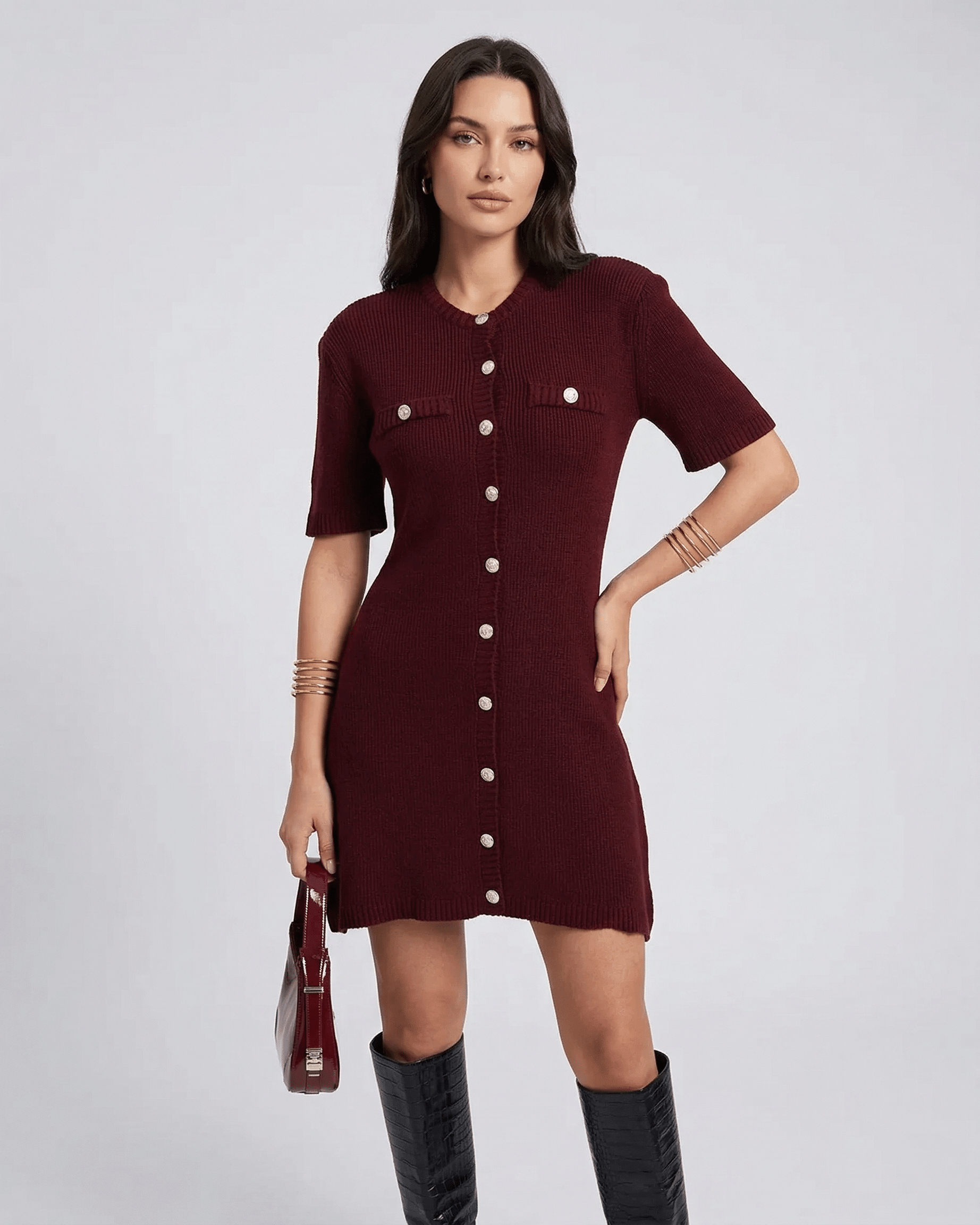 Viera Mini Dress in burgundy from Lauven, showcasing casual knit sophistication with button closure and short sleeves.
