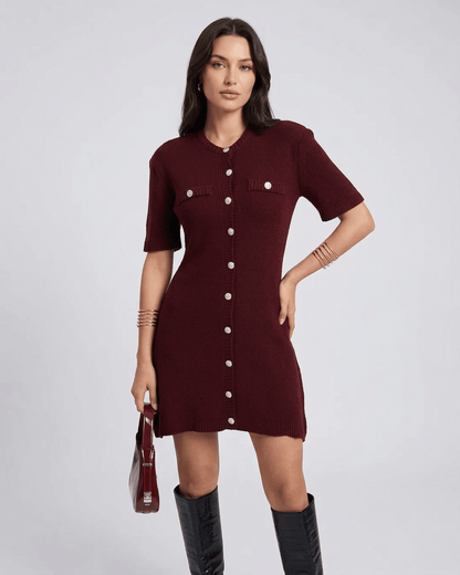 Viera Mini Dress in burgundy from Lauven, showcasing casual knit sophistication with button closure and short sleeves.