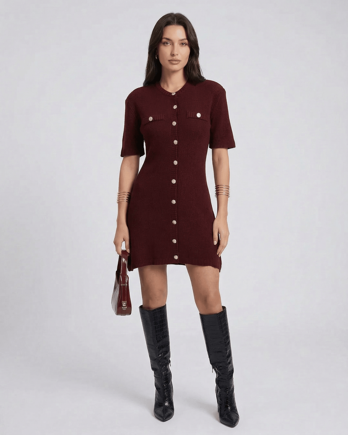 Viera Mini Dress by Lauven, chic knit dress in burgundy with half sleeves and button closure.