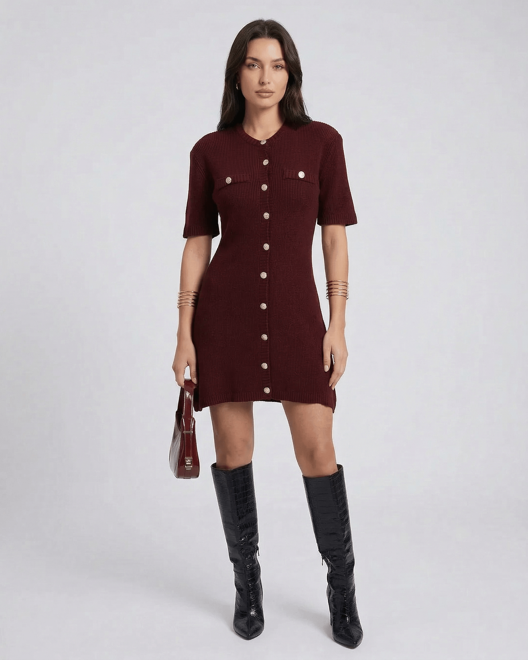 Viera Mini Dress by Lauven, chic knit dress in burgundy with half sleeves and button closure.
