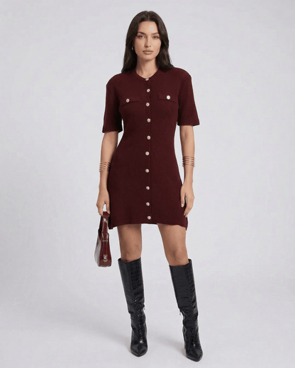 Viera Mini Dress by Lauven, chic knit dress in burgundy with half sleeves and button closure.