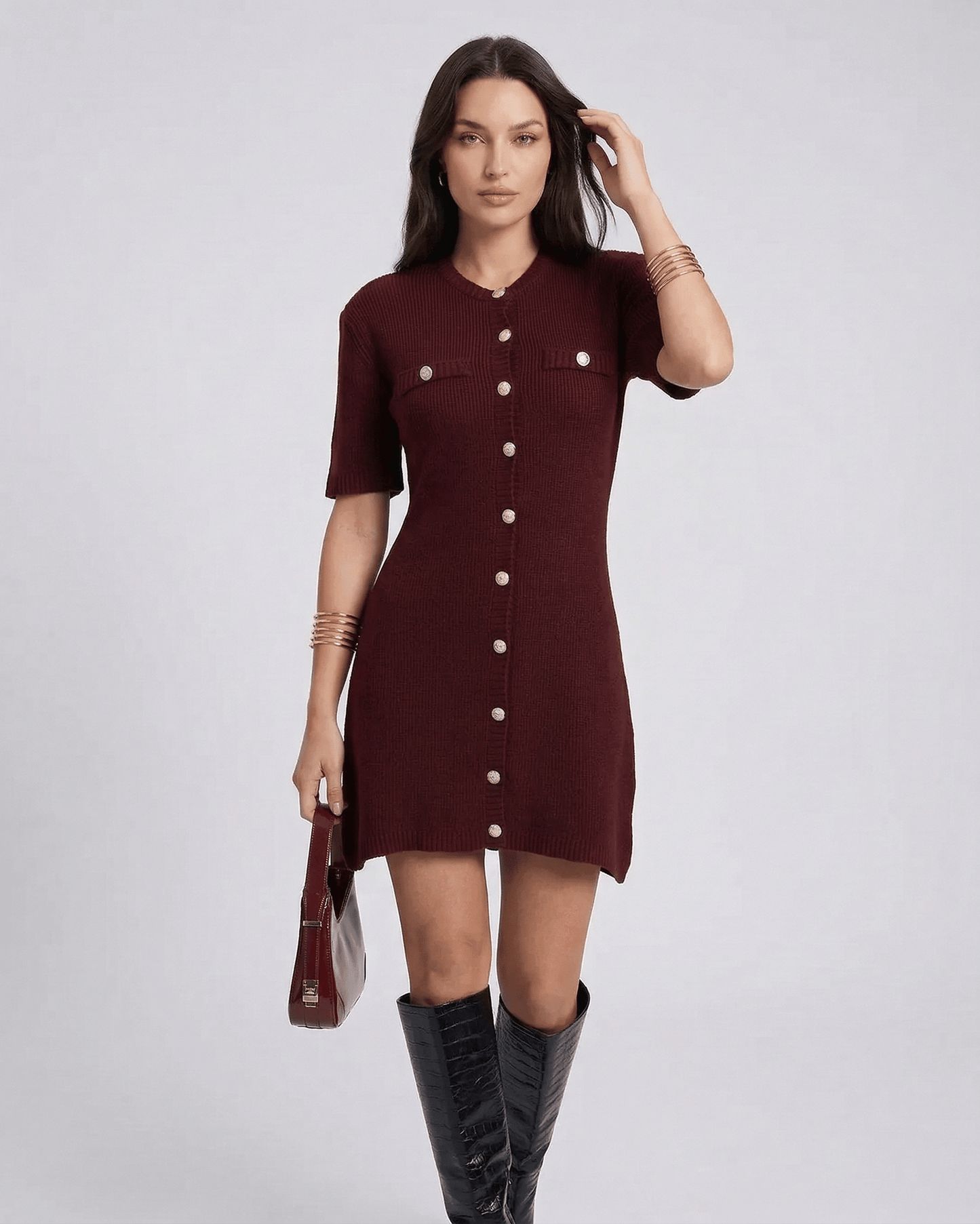 Viera Mini Dress by Lauven in burgundy with button closure and short sleeves, showcasing casual knit sophistication.