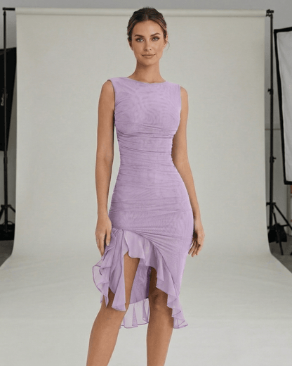 Violet Midi Dress - Purple Ruched Midi Dress with Ruffle Hem from Lauven, embodying modern femininity and elegance.