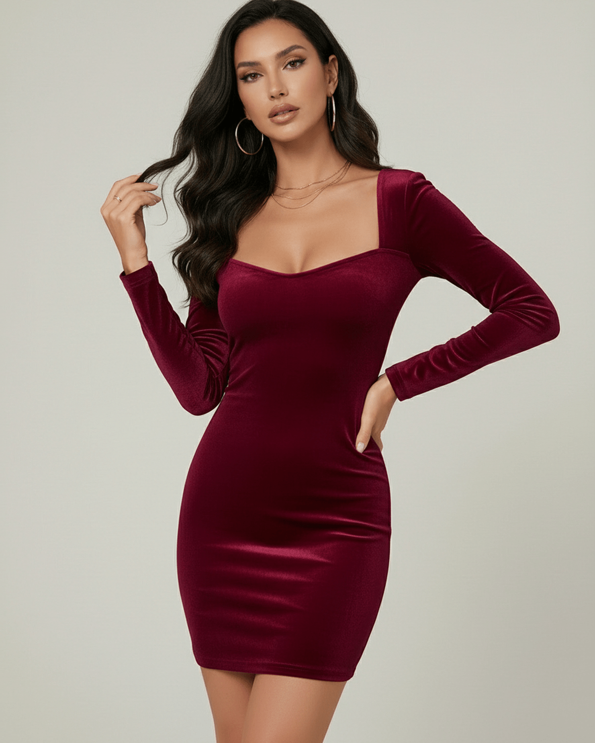 Violet Mini Dress by Lauven, elegant burgundy velvet bodycon with square neckline and long sleeves.
